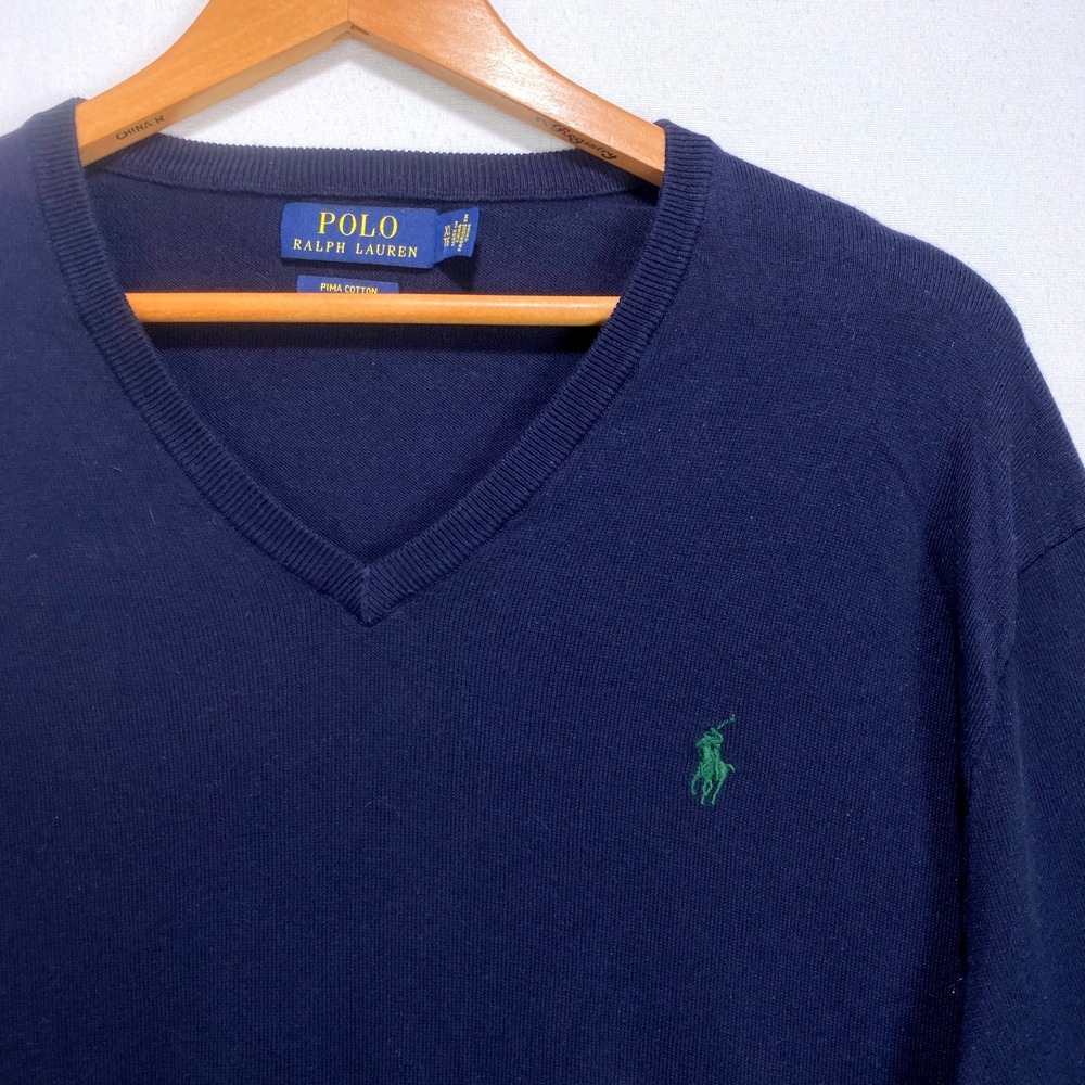 Polo‎ Ralph Lauren Men Navy Blue Pima Cotton V Neck Sweater XL